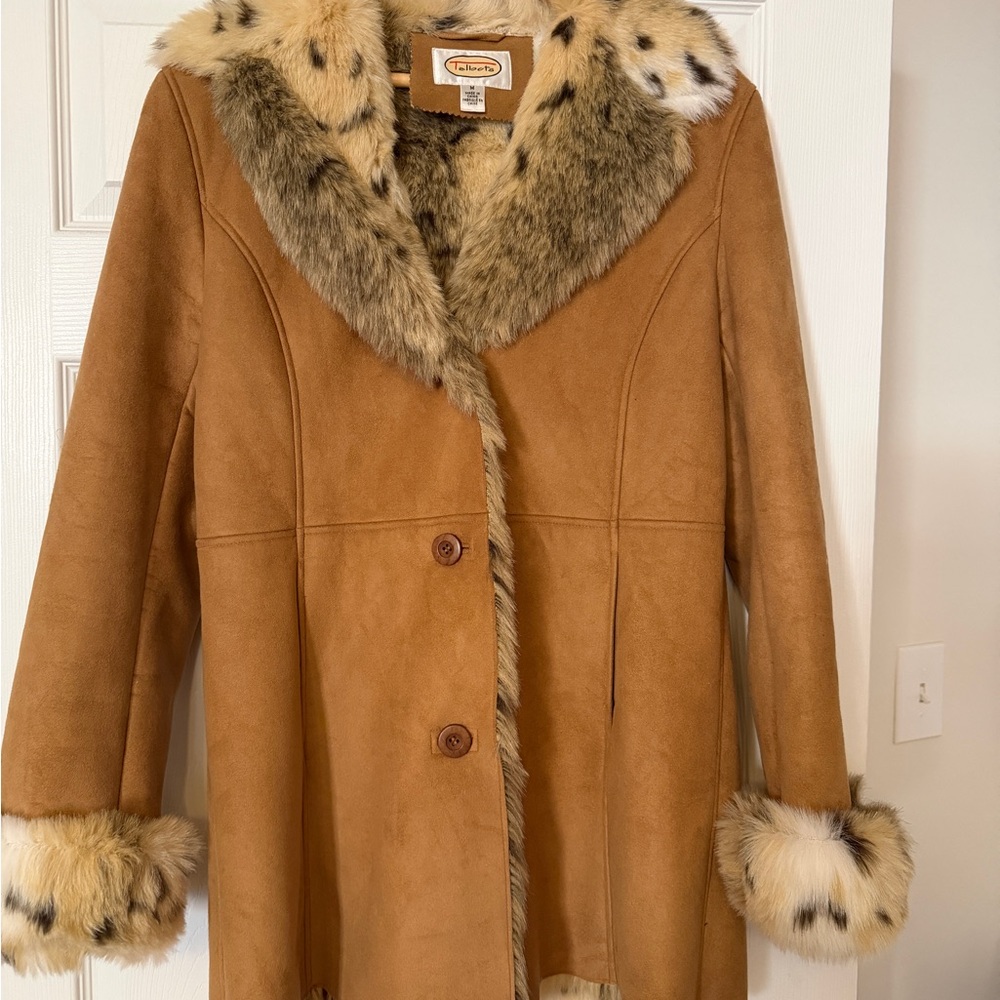 Talbots M y2k penny lane Brown Teddy Jacket with Faux Fur cheetah animal print